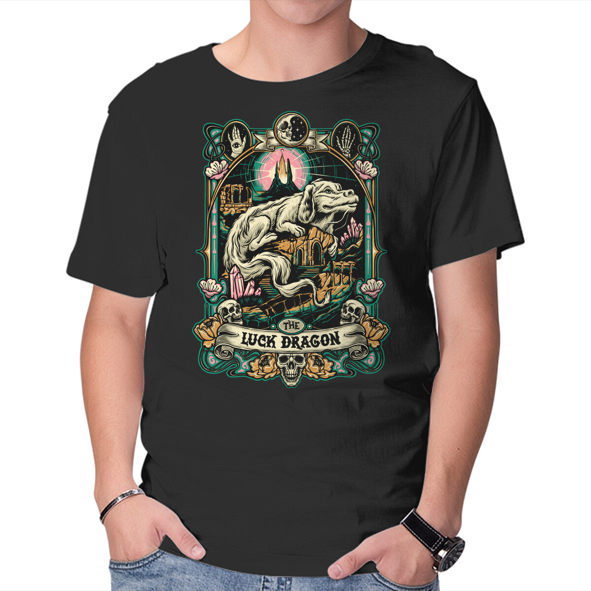 The Luck Dragon – Fantasy Graphic T-Shirt in black, product display