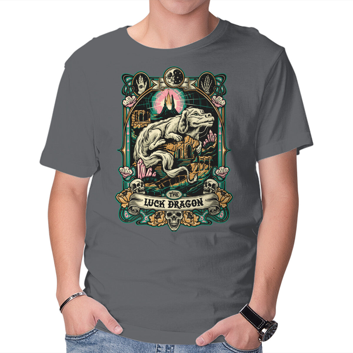 The Luck Dragon – Fantasy Graphic T-Shirt in charcoal, product display