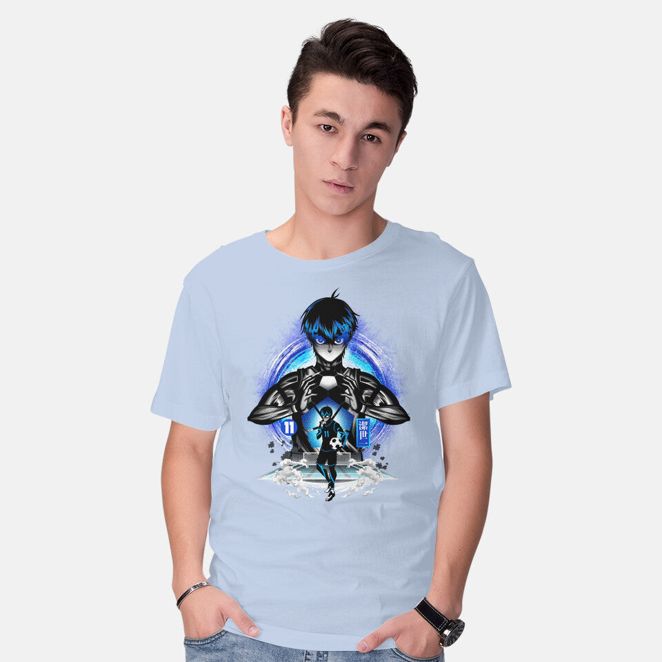 Model wearing blue Ace Player Of Blue Lock – Anime Graphic T-Shirt