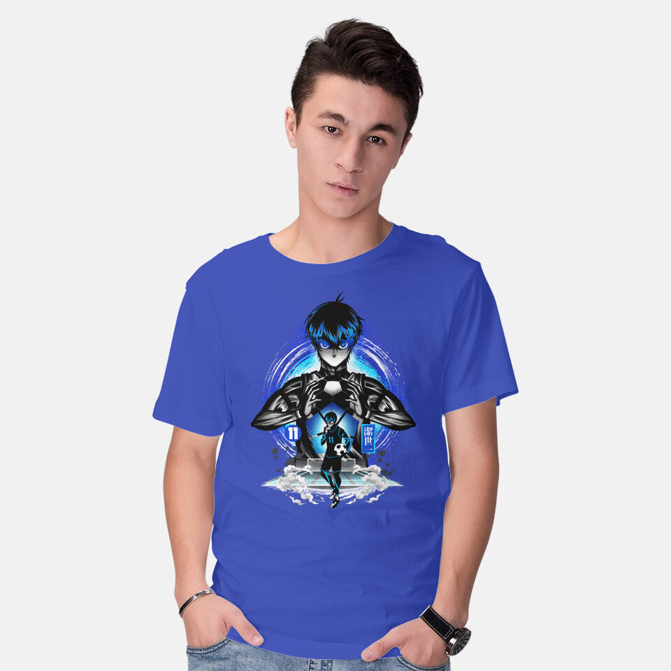 Model wearing royal blue Ace Player Of Blue Lock – Anime Graphic T-Shirt