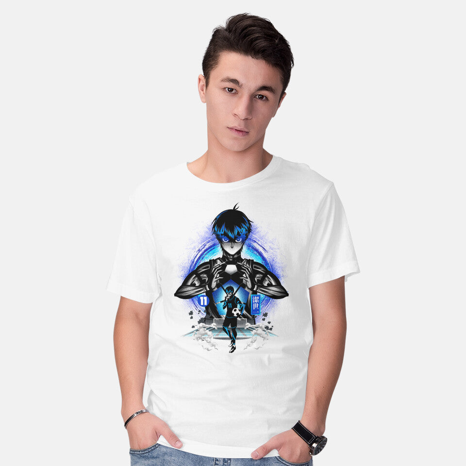 Model wearing white Ace Player Of Blue Lock – Anime Graphic T-Shirt