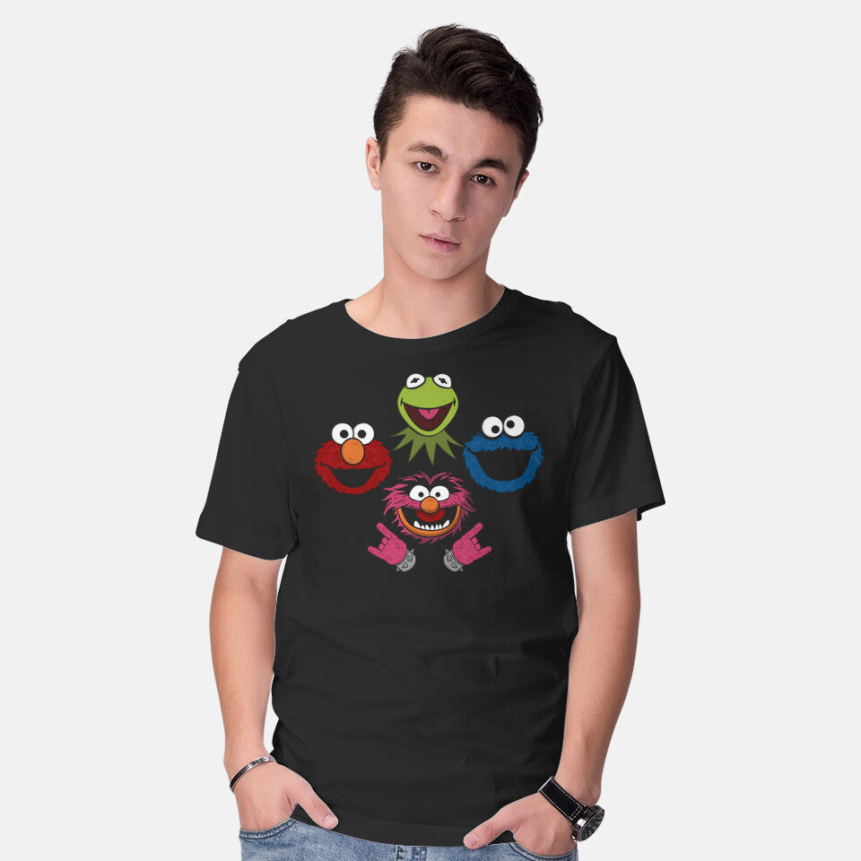 Model wearing black Muppets Rhapsody – Music Graphic T-Shirt
