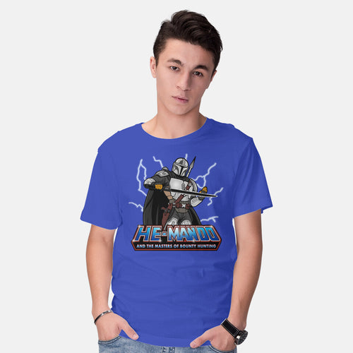 Model wearing royal blue He-Mando – Sci-Fi Graphic T-Shirt