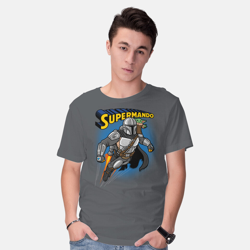 Model wearing charcoal Supermando – Sci-Fi Graphic T-Shirt