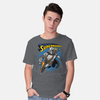 Model wearing charcoal Supermando – Sci-Fi Graphic T-Shirt