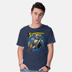 Model wearing navy Supermando – Sci-Fi Graphic T-Shirt