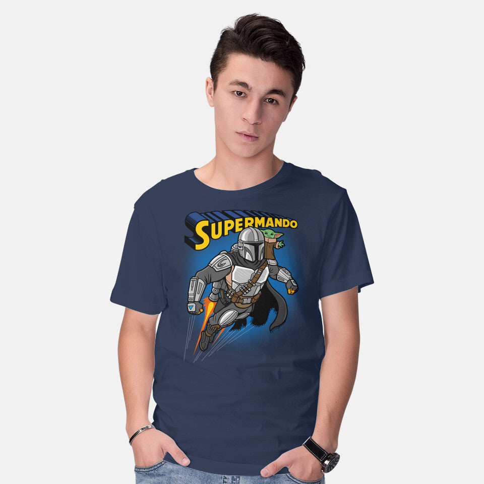 Model wearing navy Supermando – Sci-Fi Graphic T-Shirt