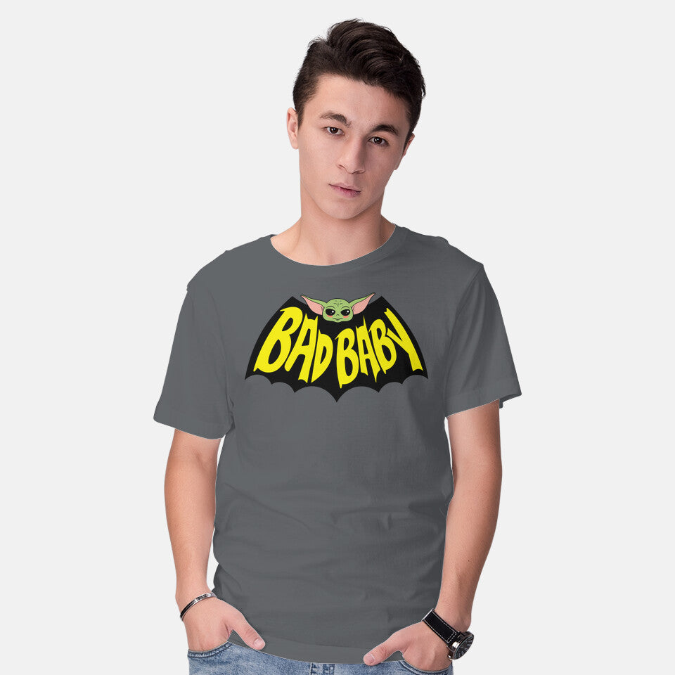 Model wearing charcoal Bat Baby – Sci-Fi Graphic T-Shirt