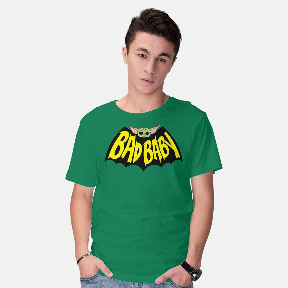 Model wearing green Bat Baby – Sci-Fi Graphic T-Shirt