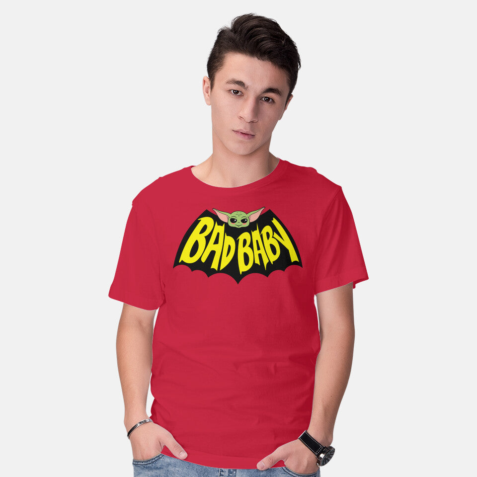 Model wearing red Bat Baby – Sci-Fi Graphic T-Shirt