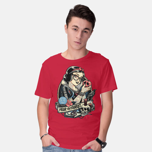 Model wearing red Fear The Fairest – Movie Graphic T-Shirt