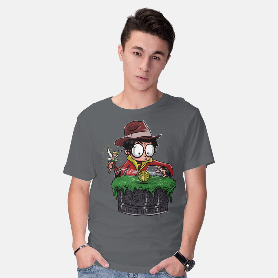 Model wearing charcoal Indiana Potter – Movie Graphic T-Shirt