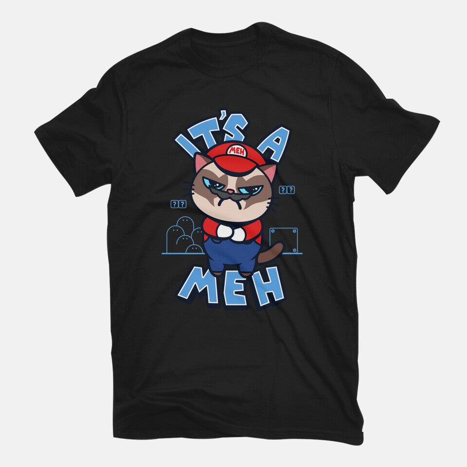 It's A Meh – Gaming Graphic T-Shirt in black, flat-lay product view