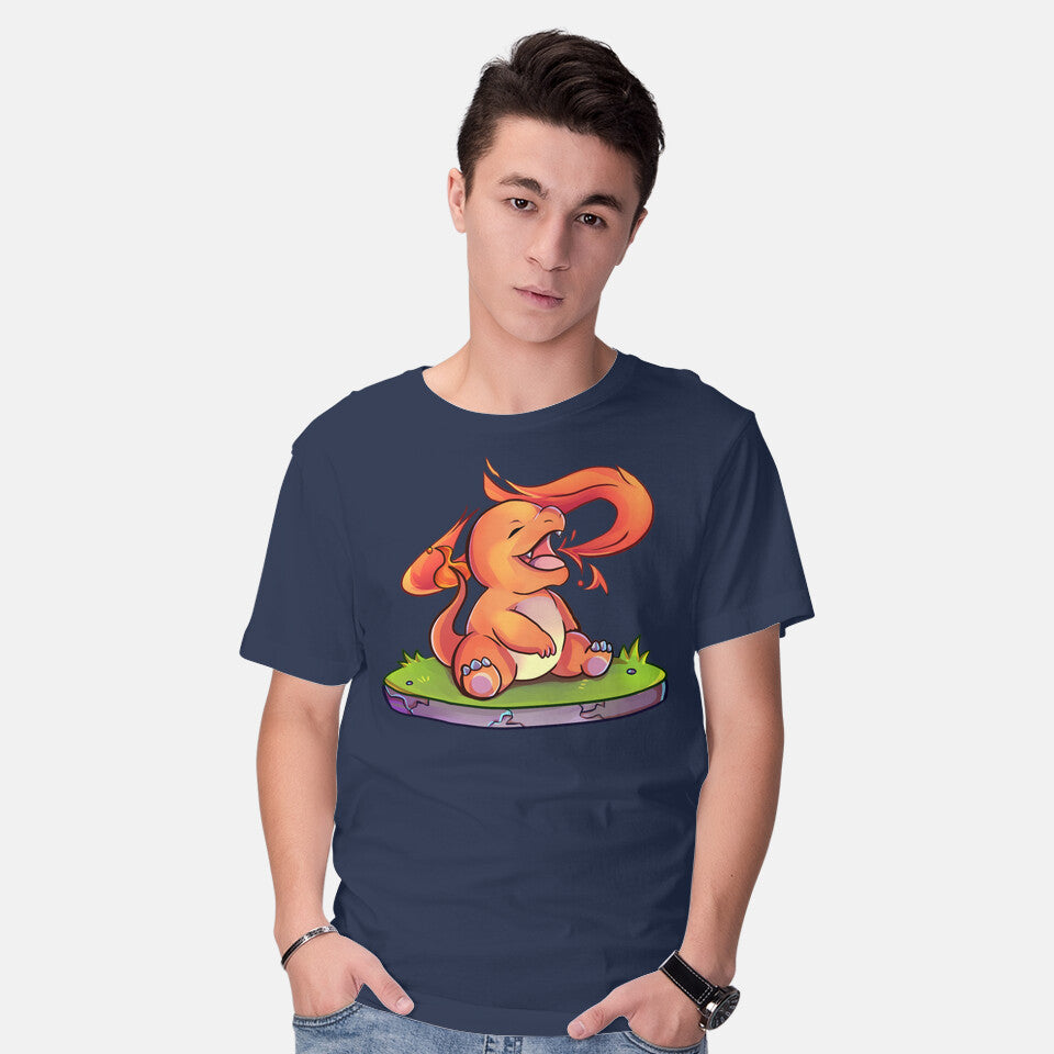Model wearing navy First Gen Fire – Anime Graphic T-Shirt
