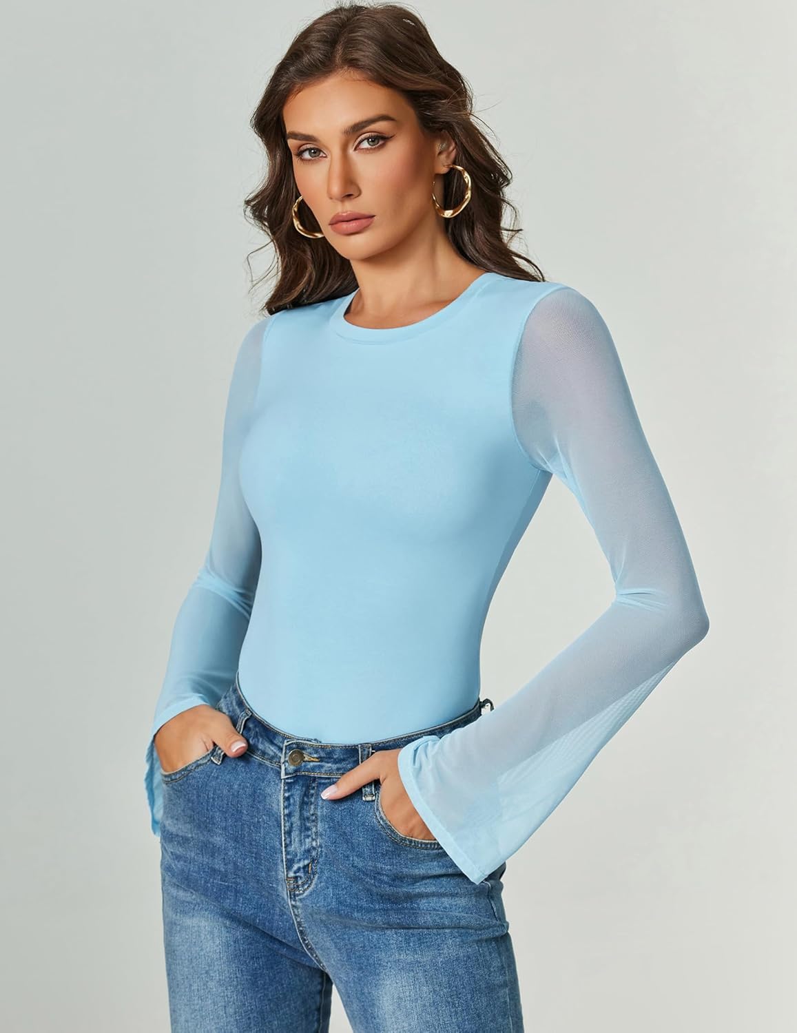 Bell Long Sleeve Bodysuits Mesh Leotard Tops