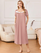 Ekouaer Short Sleeve Floral Nightdress Button House Dress with Pockets