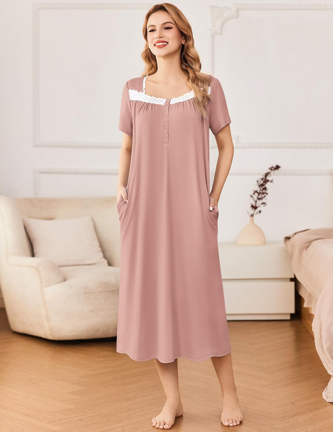 Ekouaer Short Sleeve Floral Nightdress Button House Dress with Pockets