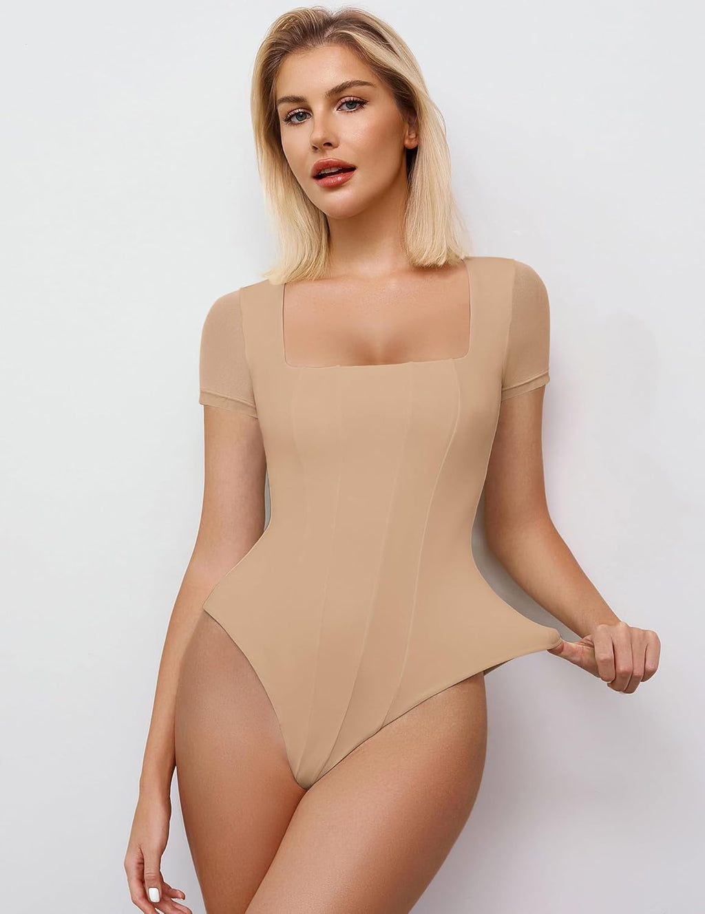 Square Neck Mesh Double Body Suit