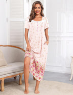 Ekouaer Short Sleeve Floral Nightdress Button House Dress with Pockets