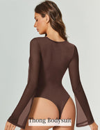 Bell Long Sleeve Bodysuits Mesh Leotard Tops