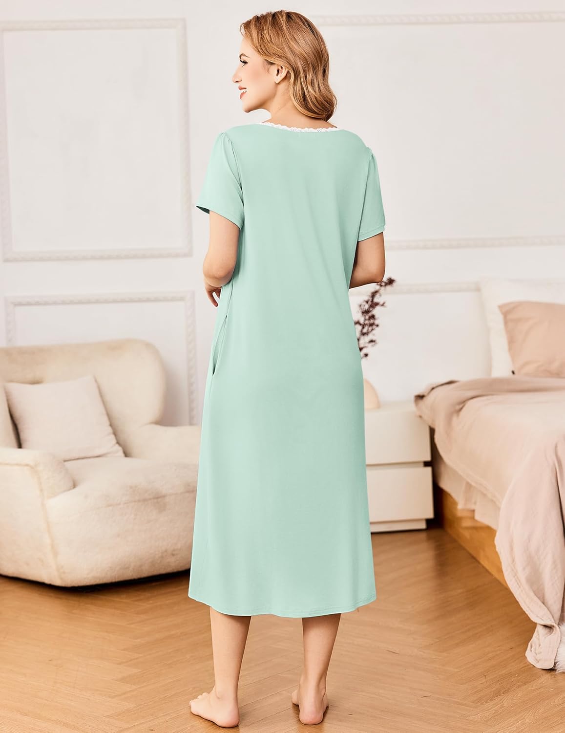 Ekouaer Short Sleeve Floral Nightdress Button House Dress with Pockets