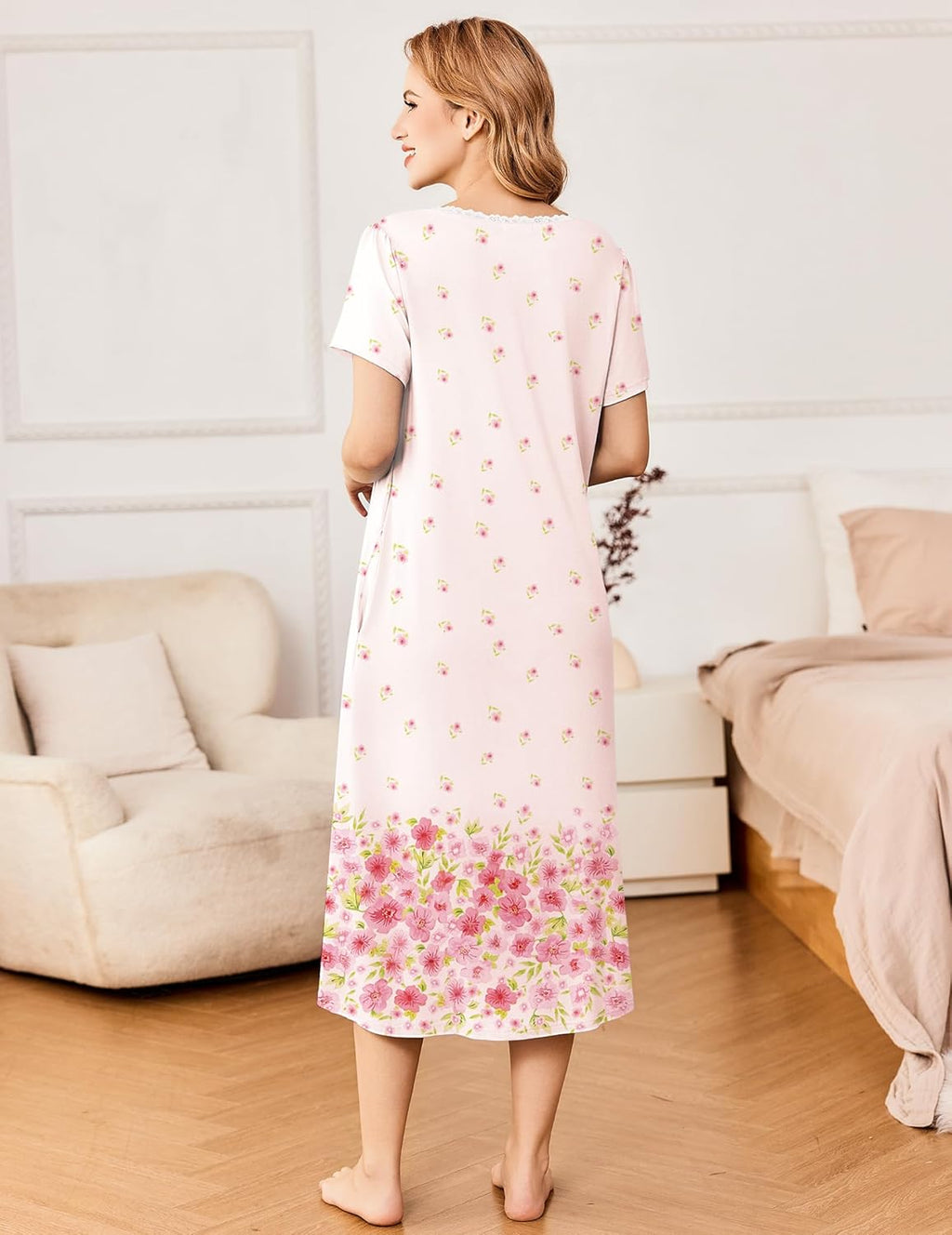 Ekouaer Short Sleeve Floral Nightdress Button House Dress with Pockets
