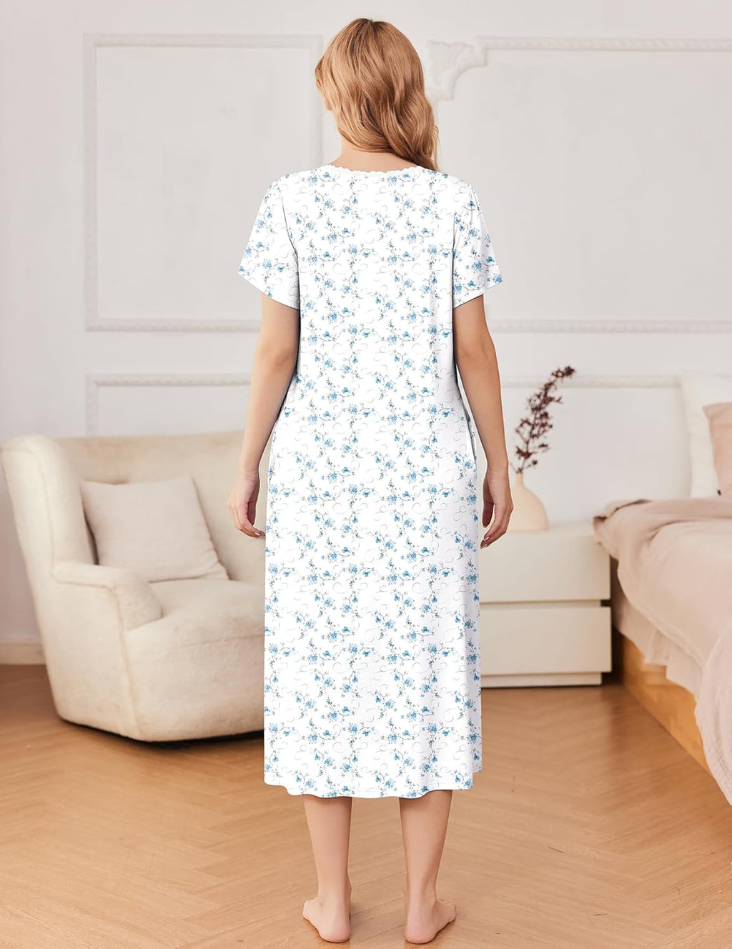 Ekouaer Short Sleeve Floral Nightdress Button House Dress with Pockets