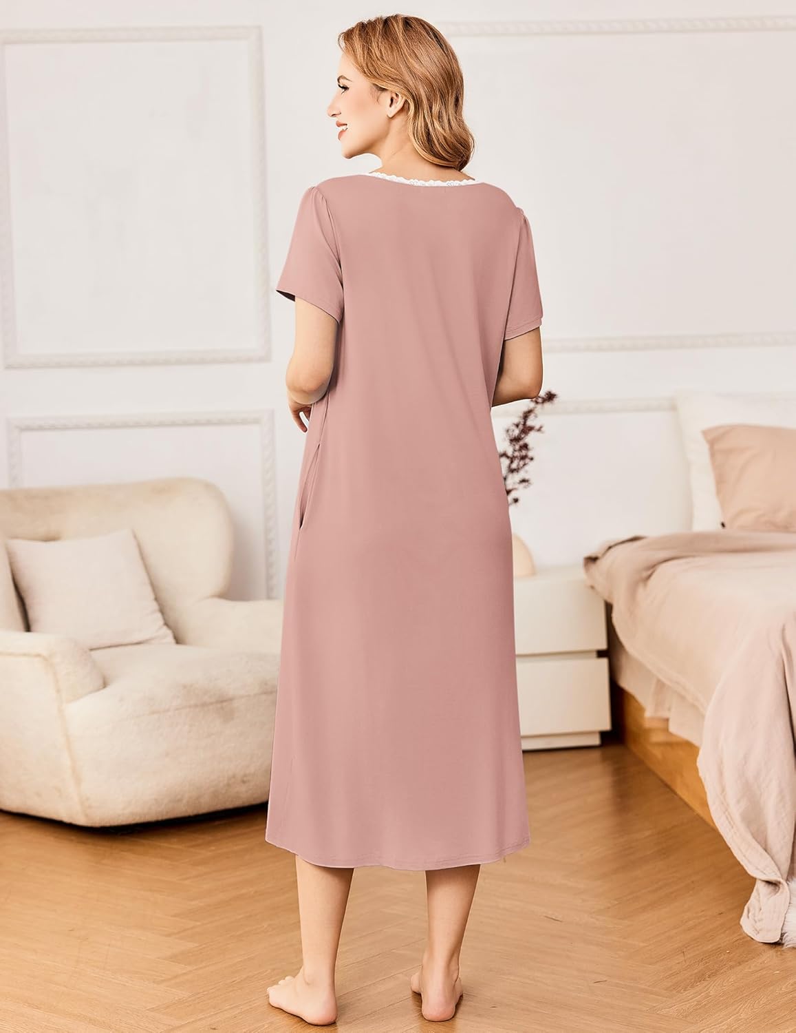 Ekouaer Short Sleeve Floral Nightdress Button House Dress with Pockets