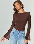 Bell Long Sleeve Bodysuits Mesh Leotard Tops