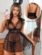 Sheer Mesh Lace Babydoll V Neck Nighty