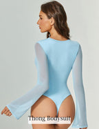 Bell Long Sleeve Bodysuits Mesh Leotard Tops