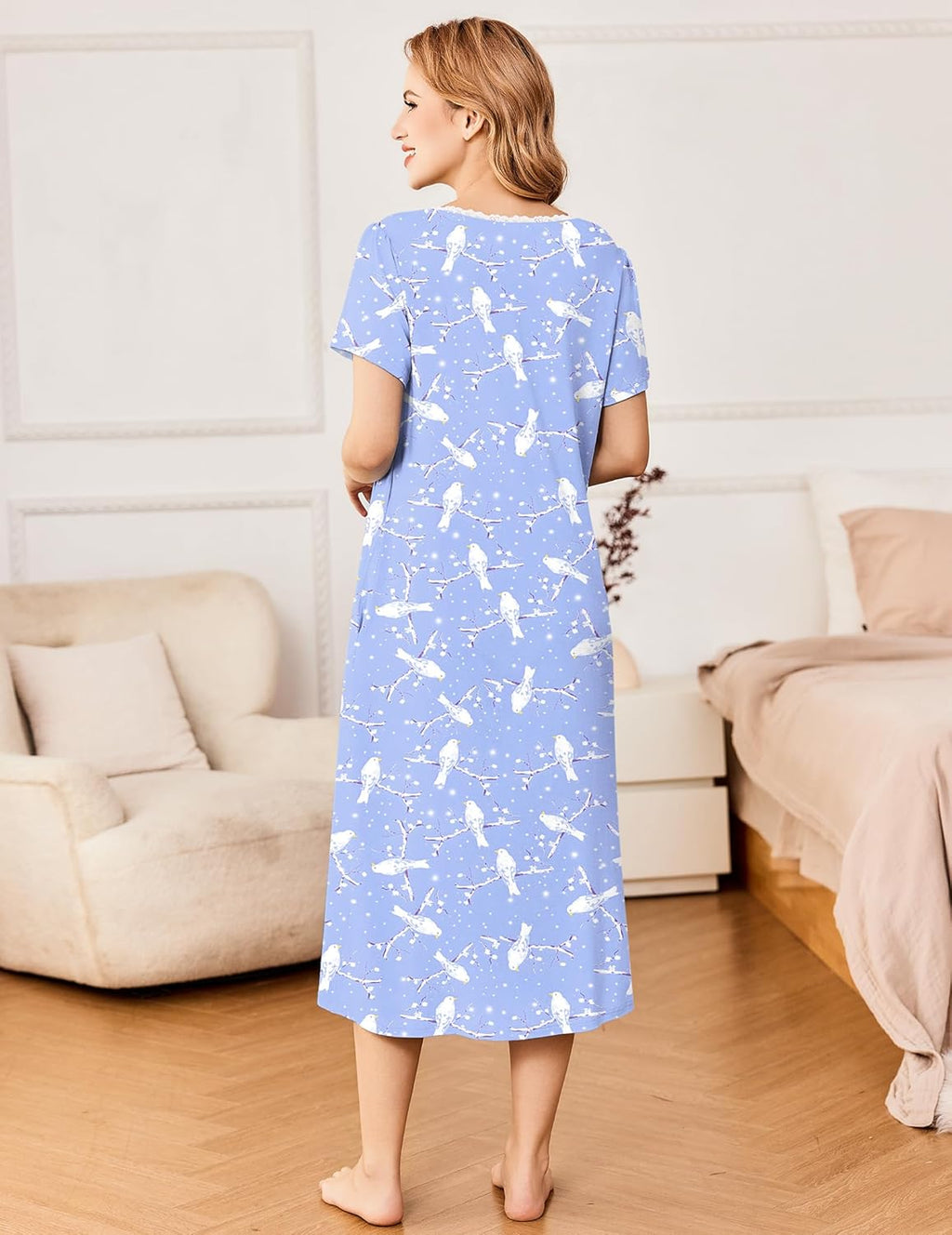Ekouaer Short Sleeve Floral Nightdress Button House Dress with Pockets