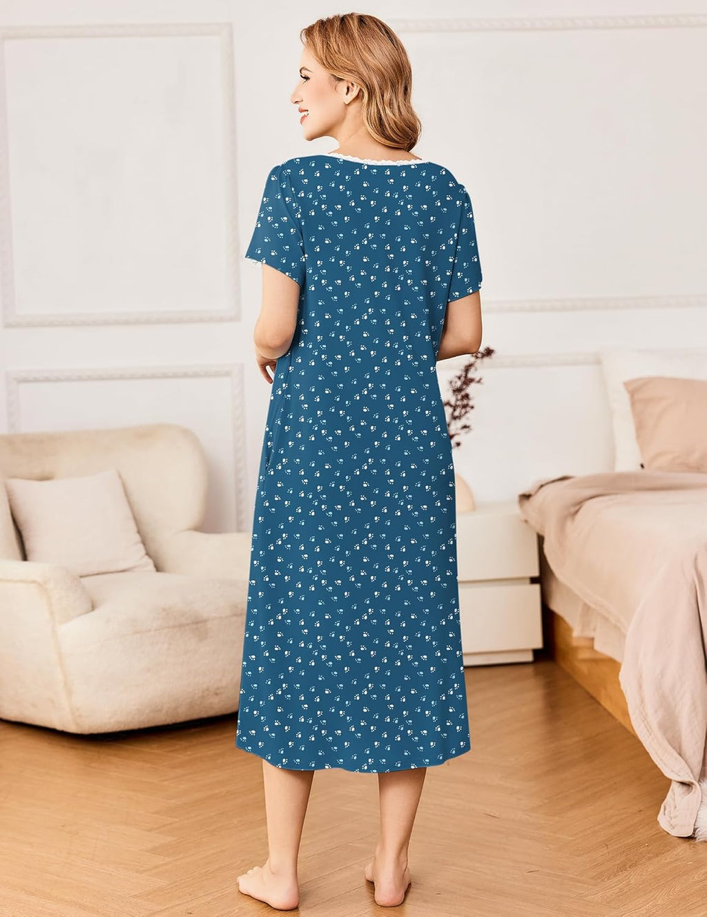 Ekouaer Short Sleeve Floral Nightdress Button House Dress with Pockets