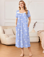 Ekouaer Short Sleeve Floral Nightdress Button House Dress with Pockets