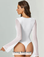 Bell Long Sleeve Bodysuits Mesh Leotard Tops