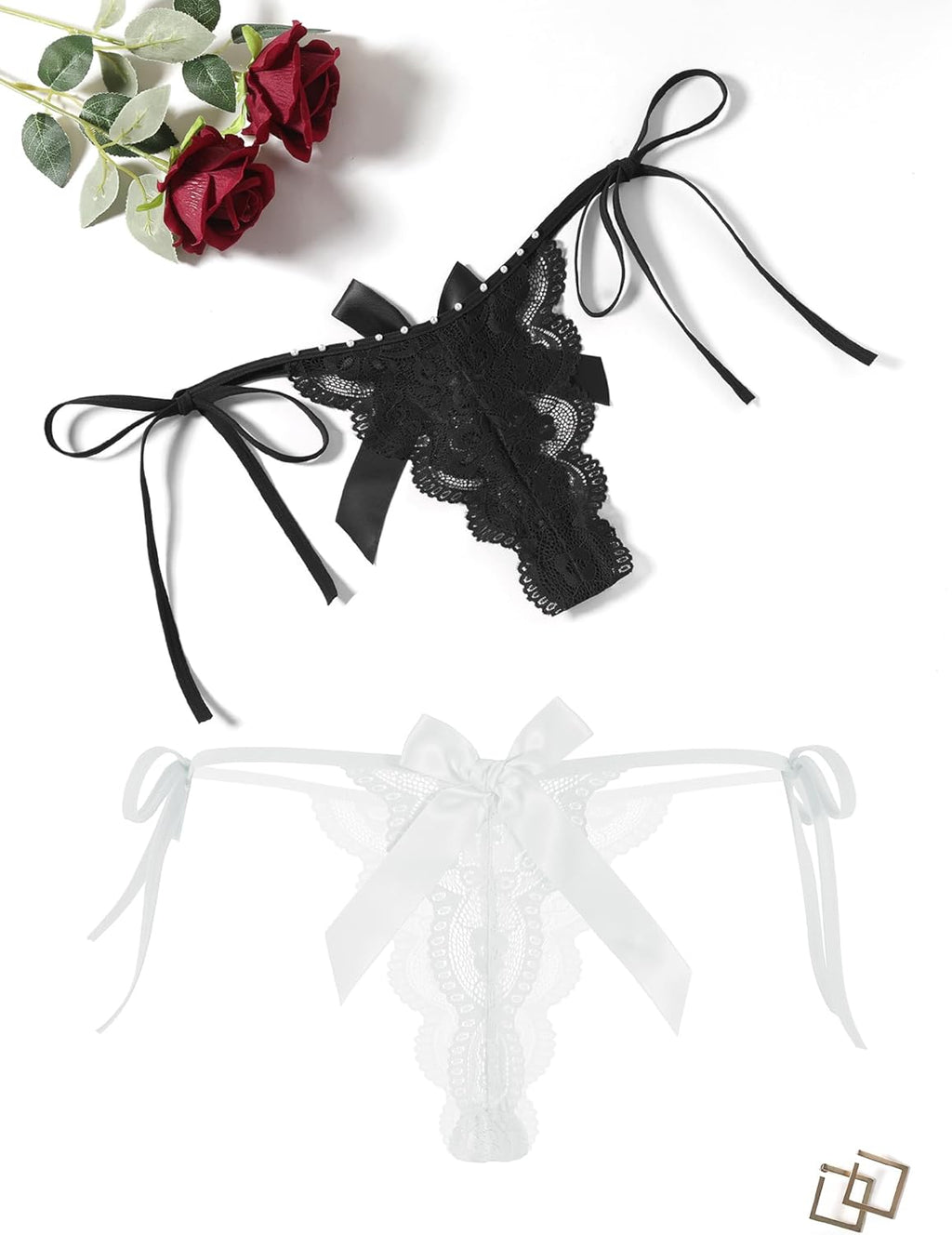 Floral Lace Tangas With Bow And Pearl