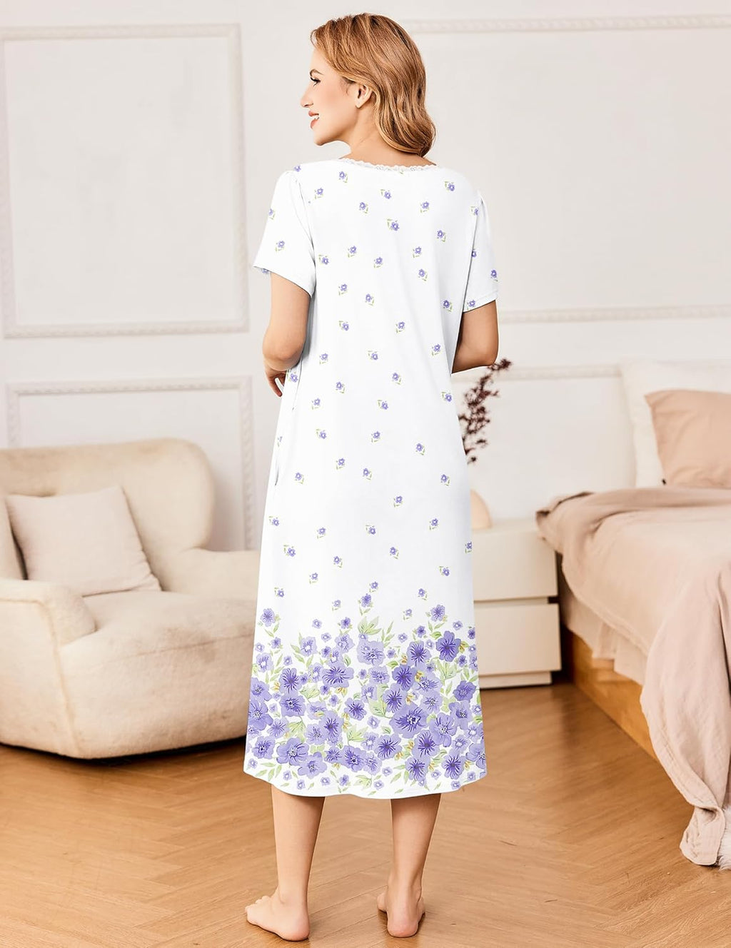 Ekouaer Short Sleeve Floral Nightdress Button House Dress with Pockets