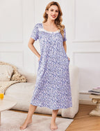 Ekouaer Short Sleeve Floral Nightdress Button House Dress with Pockets