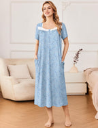 Ekouaer Short Sleeve Floral Nightdress Button House Dress with Pockets