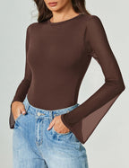 Bell Long Sleeve Bodysuits Mesh Leotard Tops