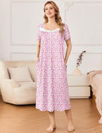 Ekouaer Short Sleeve Floral Nightdress Button House Dress with Pockets