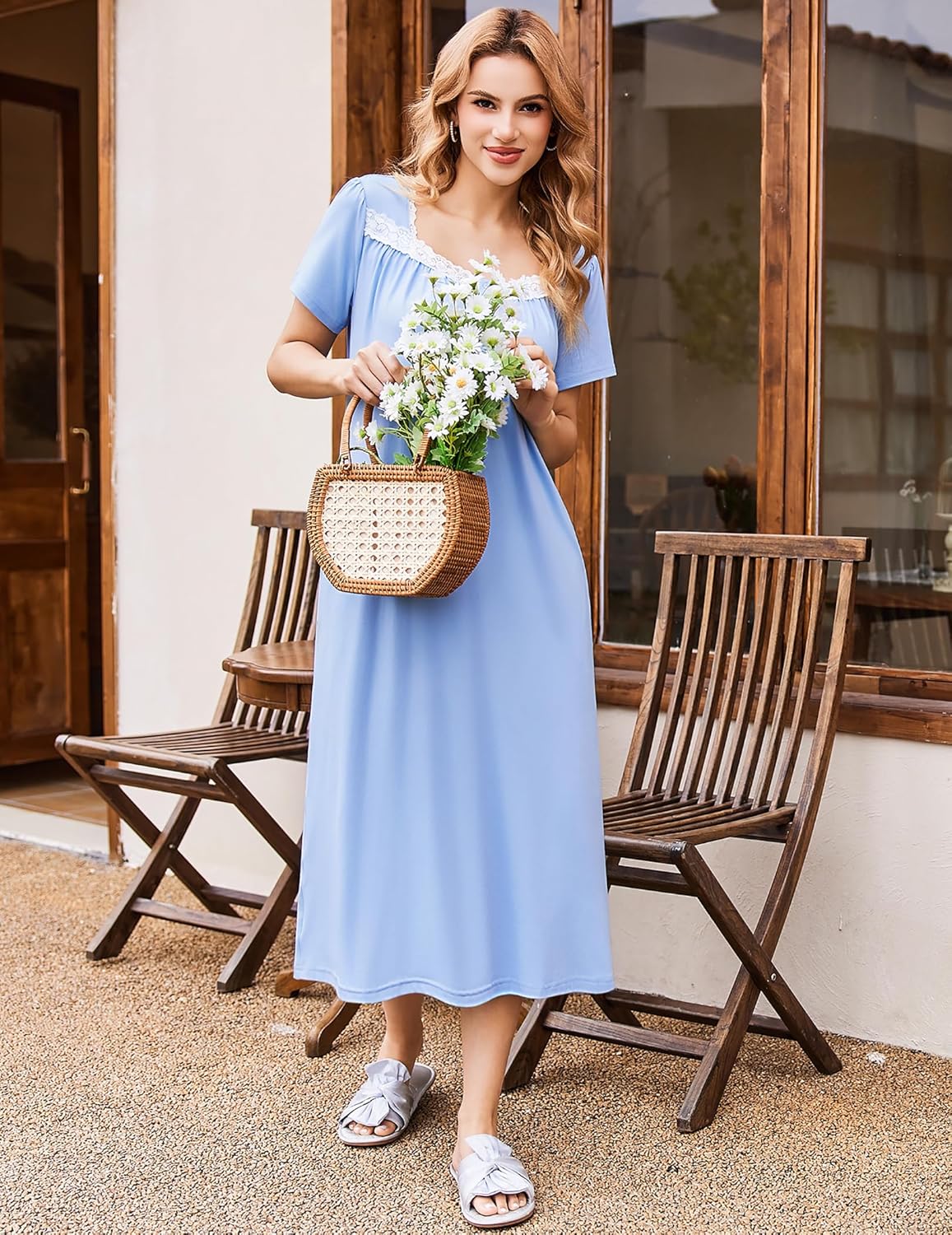 Ekouaer Short Sleeve Floral Nightdress Button House Dress with Pockets