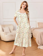 Ekouaer Short Sleeve Floral Nightdress Button House Dress with Pockets
