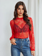 Floral Lace Mesh Top Long Sleeve Sheer Shirts