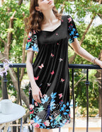 Ekouaer Women's Floral House Dress - Pleated Nightgown