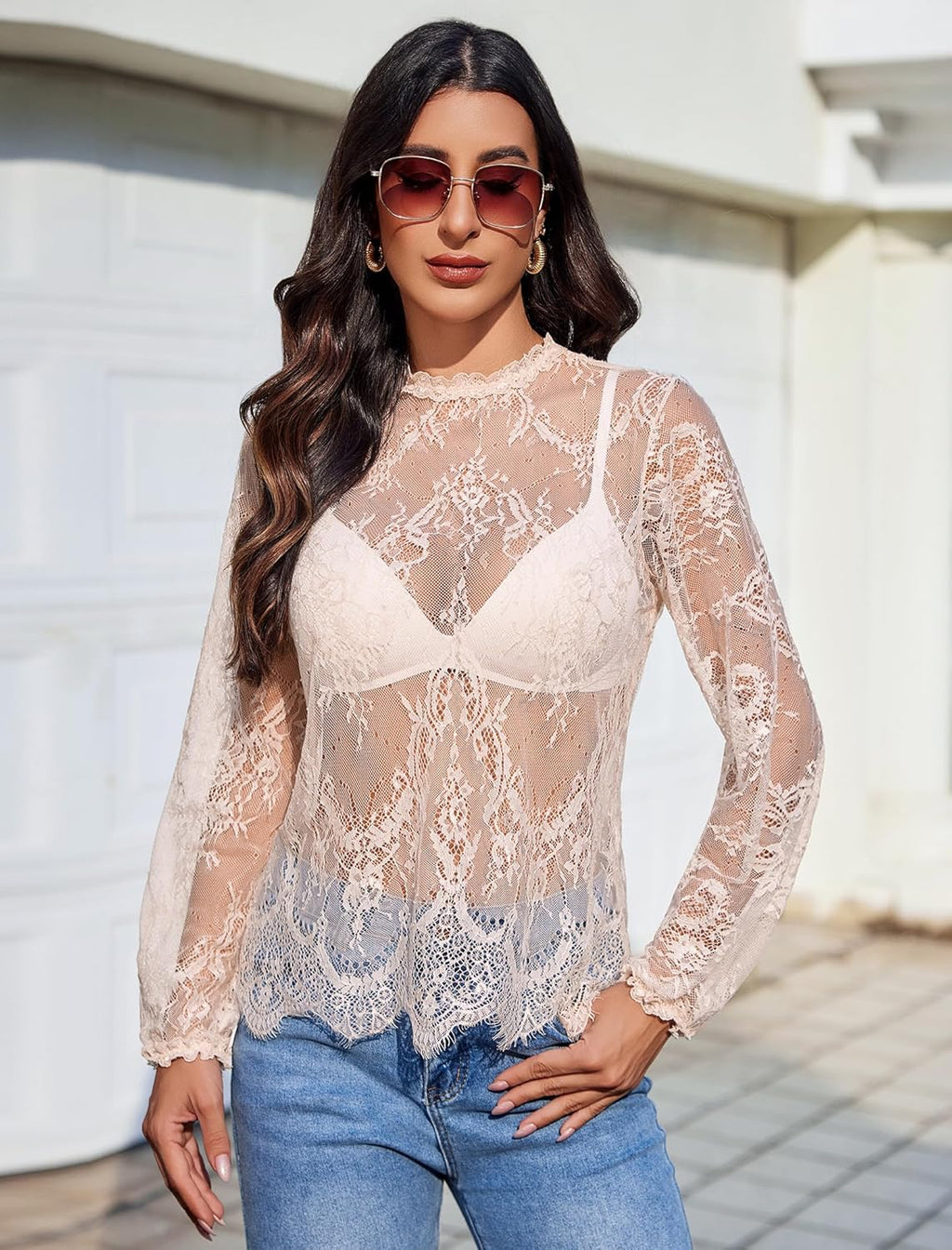 Floral Lace Mesh Top Long Sleeve Sheer Shirts