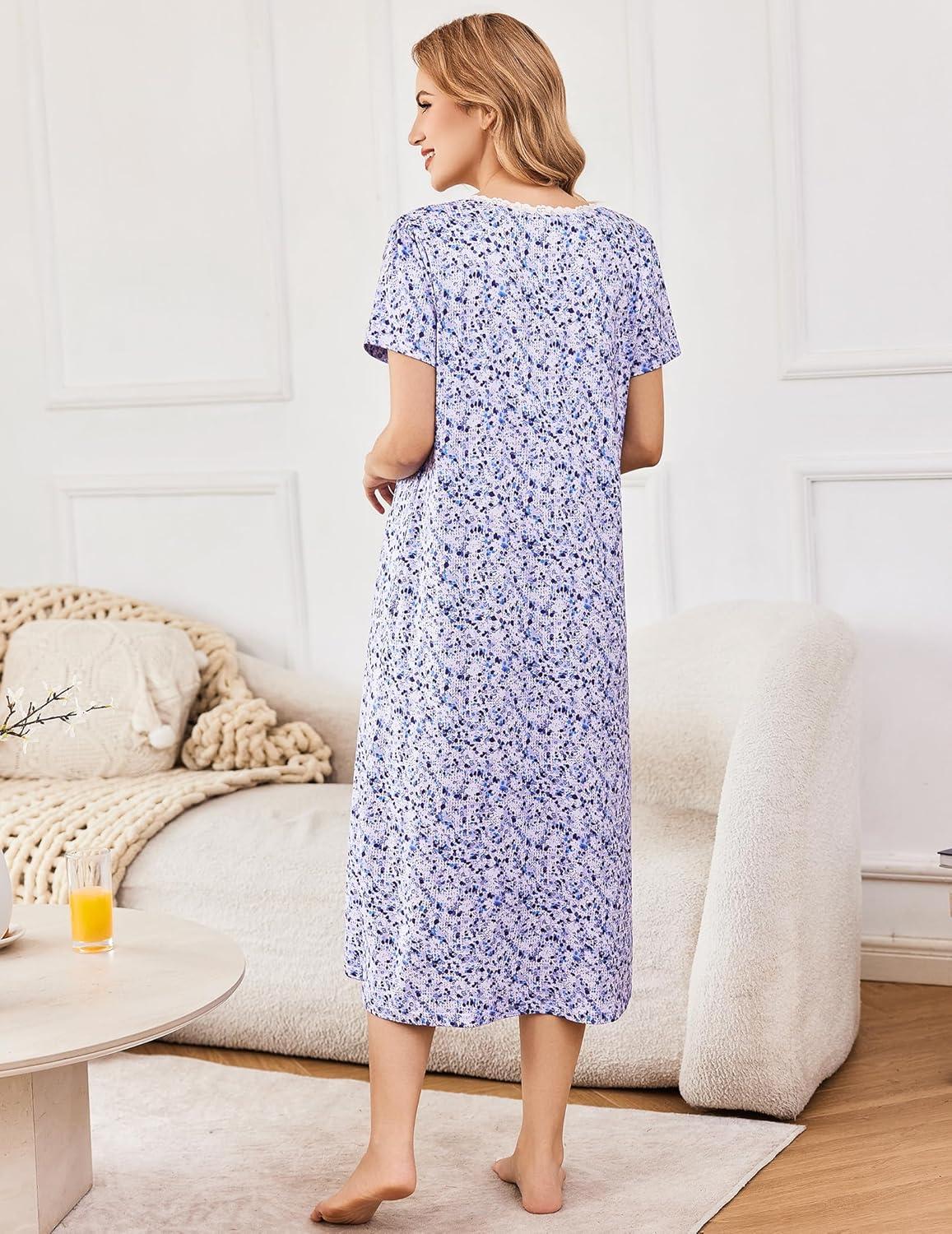 Ekouaer Short Sleeve Floral Nightdress Button House Dress with Pockets