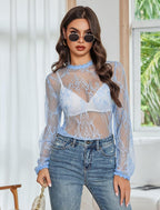 Floral Lace Mesh Top Long Sleeve Sheer Shirts