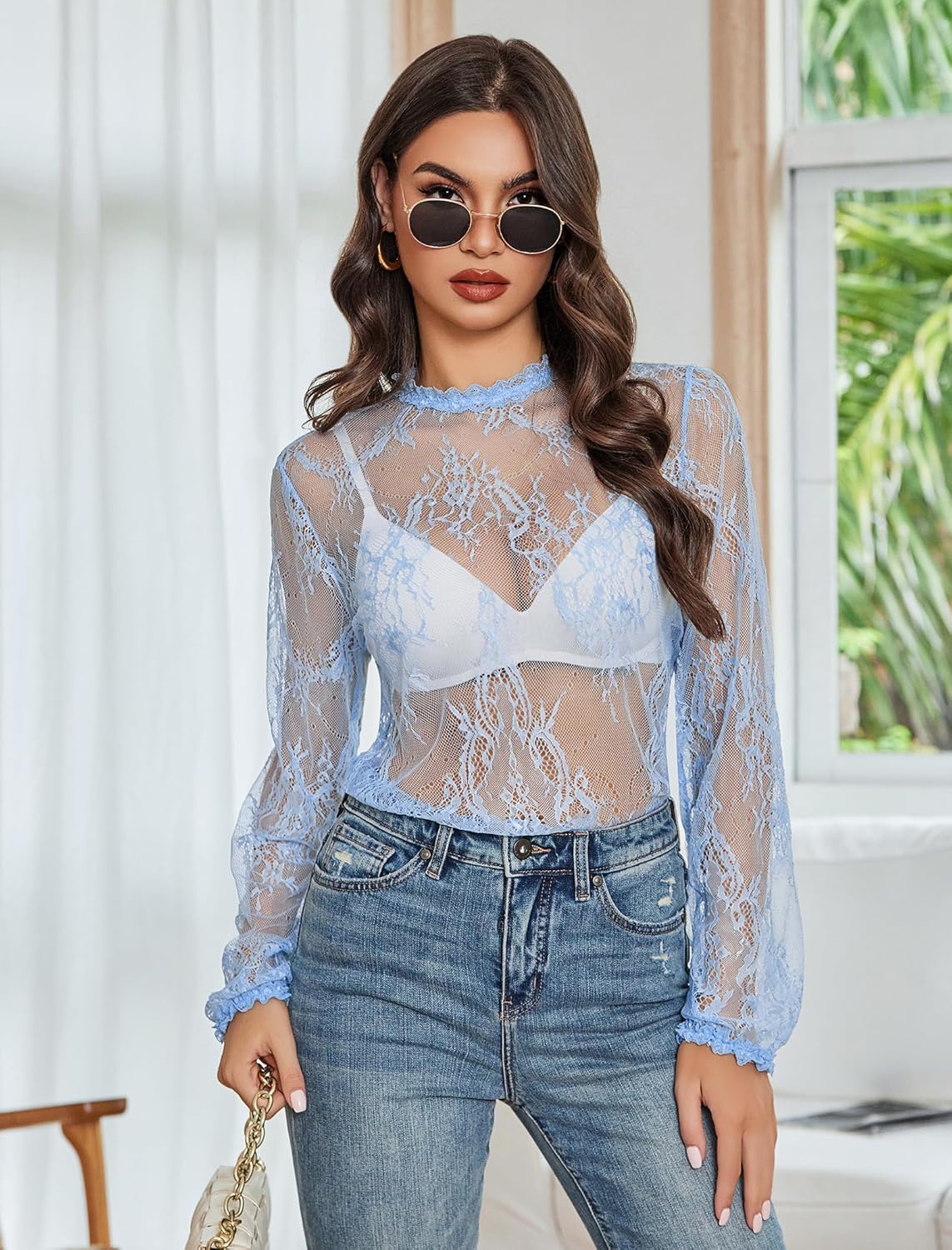 Floral Lace Mesh Top Long Sleeve Sheer Shirts