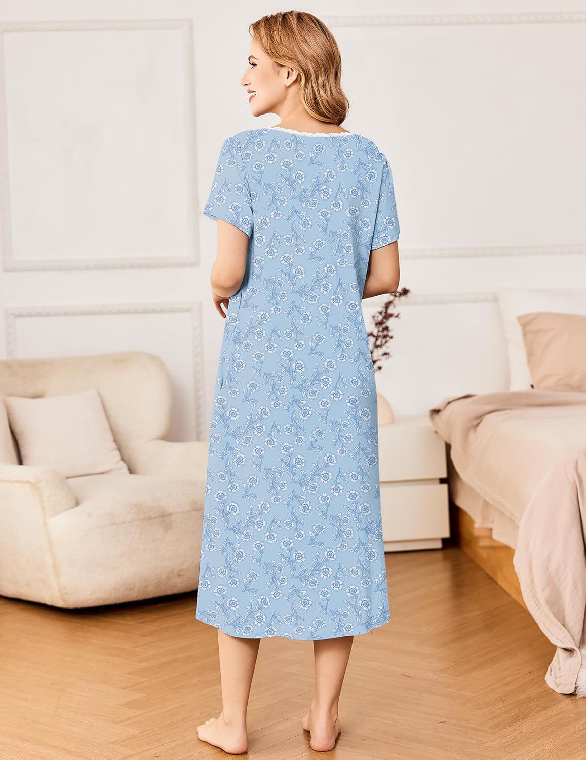 Ekouaer Short Sleeve Floral Nightdress Button House Dress with Pockets